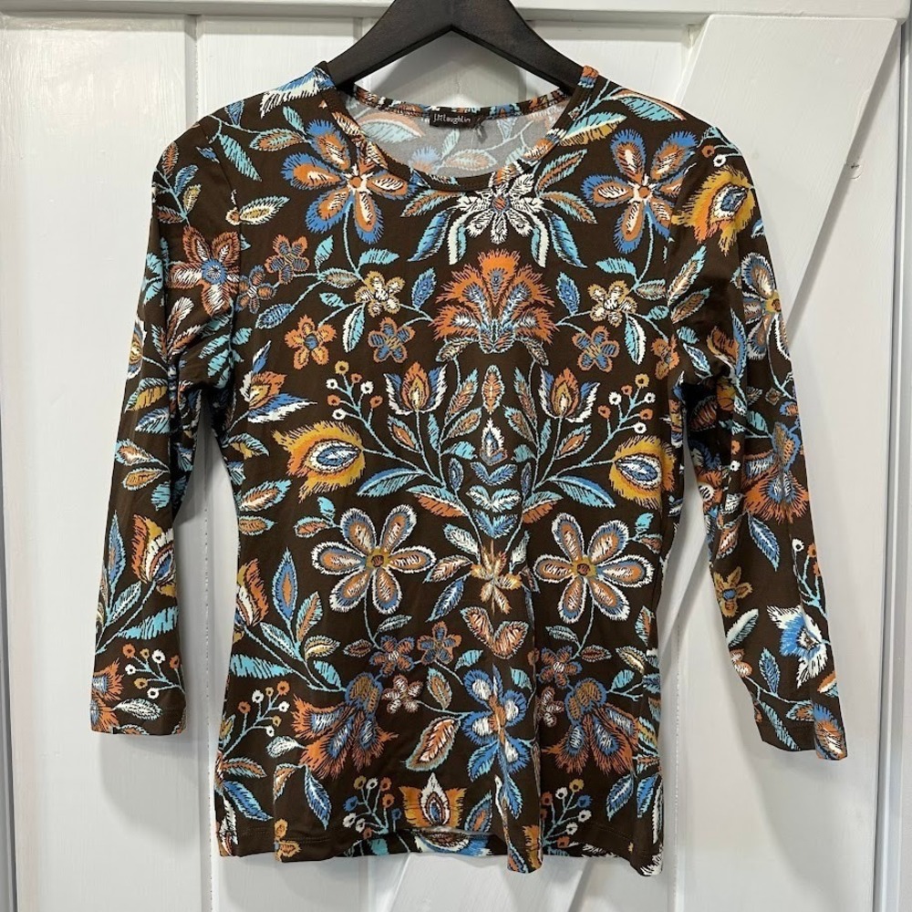 J. McLaughlin Womens Shirt Size S Signature Tee Brown Multi 3/4 Sleeve NEW